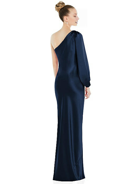 Jimiss asymmetrical neckline off shoulder long sleeved backless side slit and floor length Prom dress